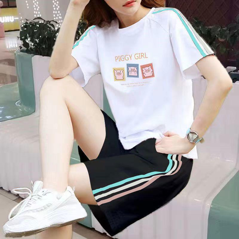 Women's Korean-Style Summer White Loose Plus Size Short Sleeve T-Shirt & Shorts Set