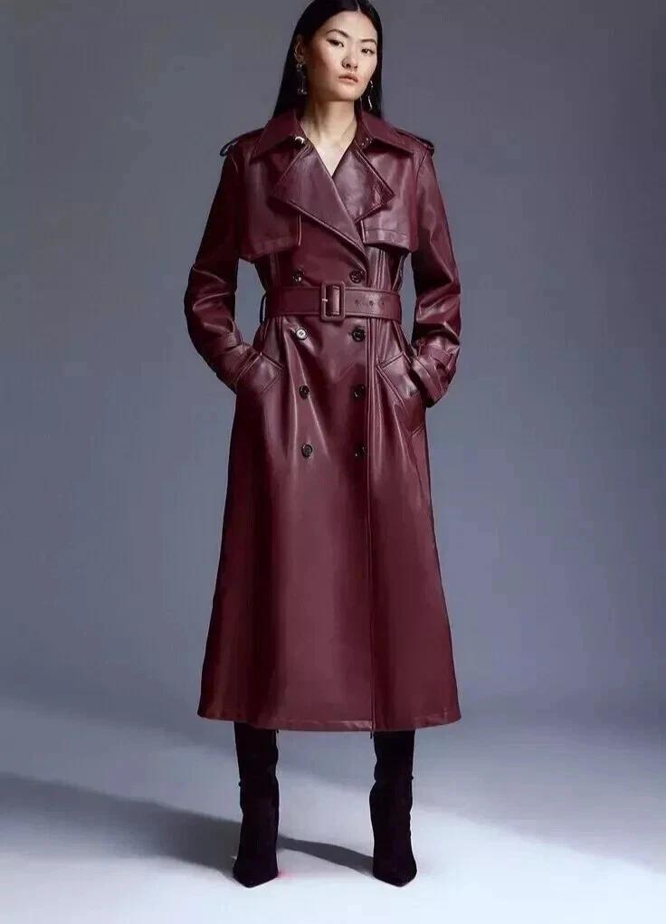 Trench Coat Handmade Lambskin Burgundy Genuine Leather Casual Soft Fit New Women
