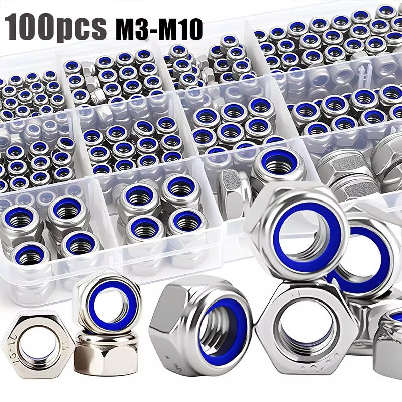 Stainless Steel Nylon Anti-Slip Self-Locking Nuts 100/200 Pcs M3-M10, Nylon Embedded Nuts, Hexagonal Screw Caps