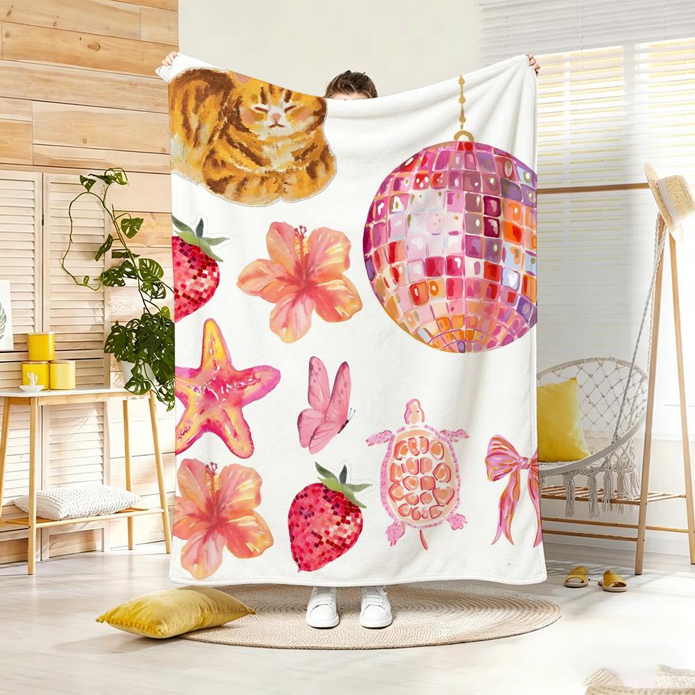 Retro Sticker Collage Throw Lightweight Flannel Blanket Soft Skin-Friendly For Summer Cooling