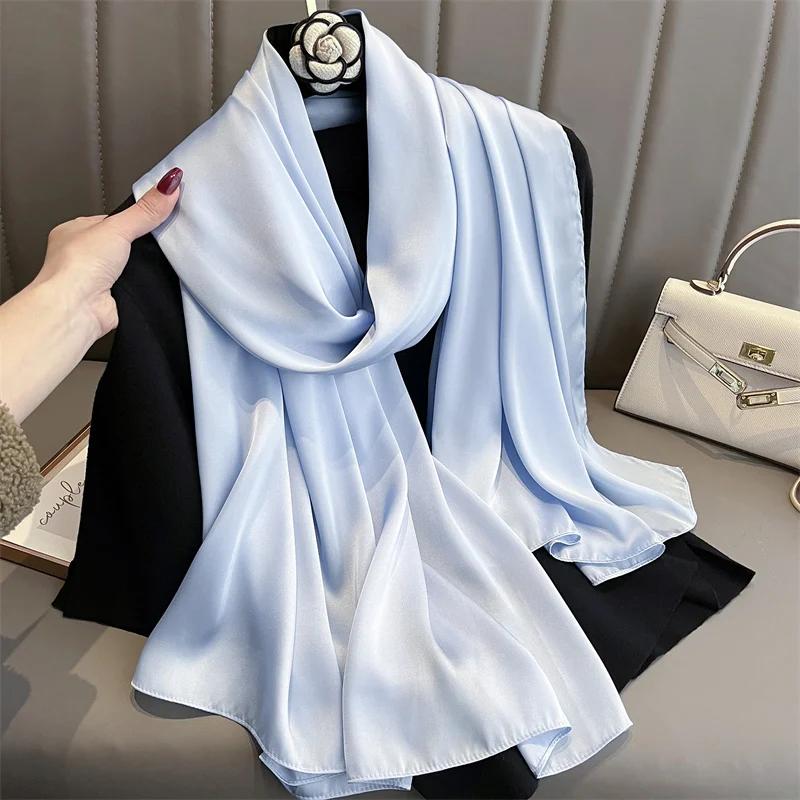 Solid Silk Scarf Women Fashion Quality Soft Scarves Female Shawls Foulard Bandana Beach Cover-Ups Wraps