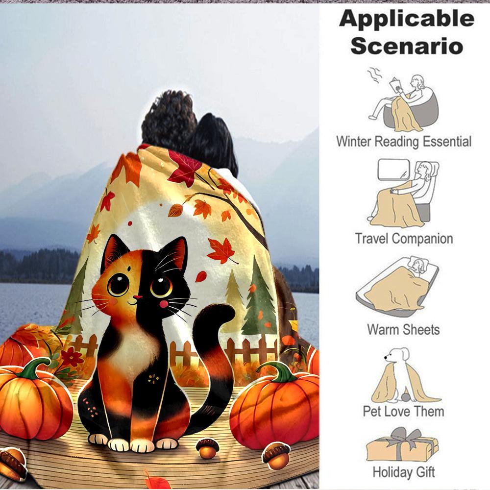 1pc Autumn Cat Print Blanket - Lightweight Flannel Throw Blanket For Sofa, Bed, Living Room, Office, Outdoor Travel, Camping, Soft All-Season103