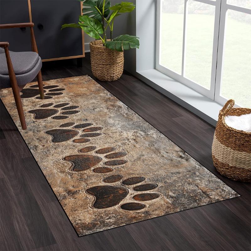 A Dog Paw Print Long Hallway Mat - Designed with Rustic Wood Texture, Non-Slip, Washable Polyester Material, Suitable for Home And Commercial 50*120 cm (19.6*47.2 in)