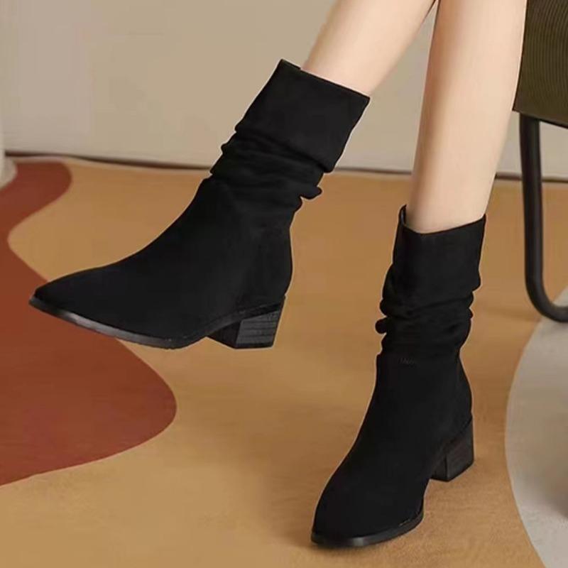

Осінні жіночі чоботи для верхової їзди з гострим носком і масивним підбором, ретро жіночі чоботи до середини ікри, повсякденне взуття на підборах для вулиці, Zapatos De Mujer 43 чорний