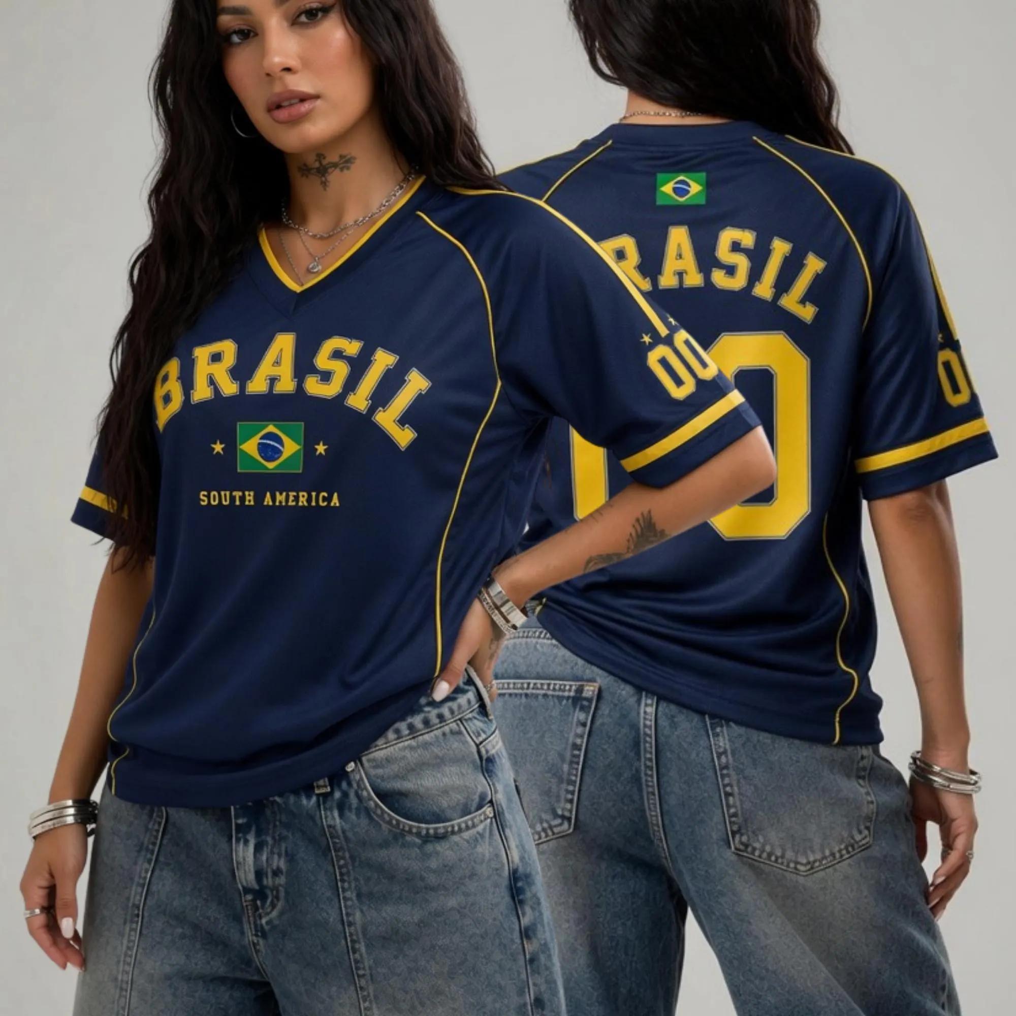 Lässige V-Ausschnitt T-Shirts Brasilien Nationalwappen Aufdruck Kurzarm T-Shirts Brasilien Fan Fußball Sport Trikot Kleidung 2XS schwarz