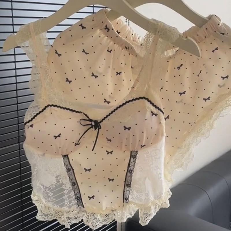 New sweet lace edge ice silk pajamas women's summer pure desire sexy suspender shorts loungewear with chest pad
