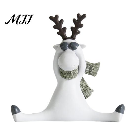 Winter Holiday Desk Ornaments Nordic Minimalist Resin Reindeer Figurine with Knitted Scarf, Cute Healing Deer Statue, Matte White Elk Figurines