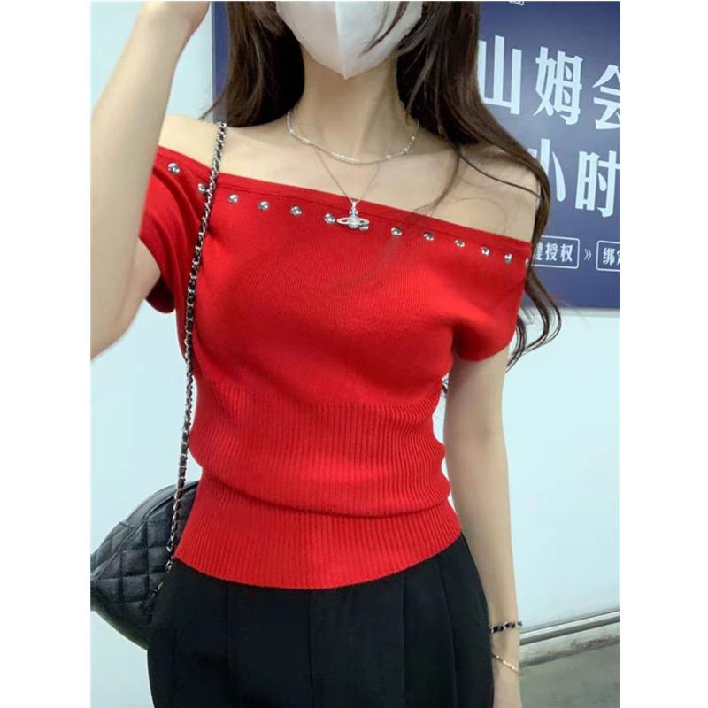 Mode Schulterfrei Kurzarm Elegant Nieten Pullover Gestrickt Damen Bluse Slim Fit Einfacher Pullover Einfarbig T-Shirt Y2k Lässiges Oberteil Kleidung