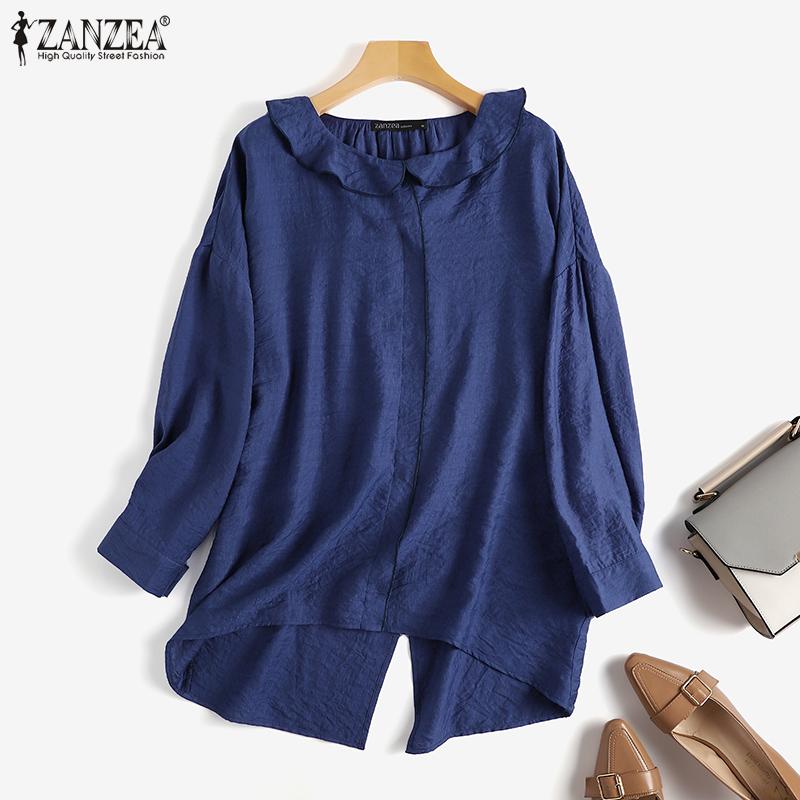

ZANZEA Женская повседневная однотонная свободная блузка с отложным воротником и длинными рукавами
