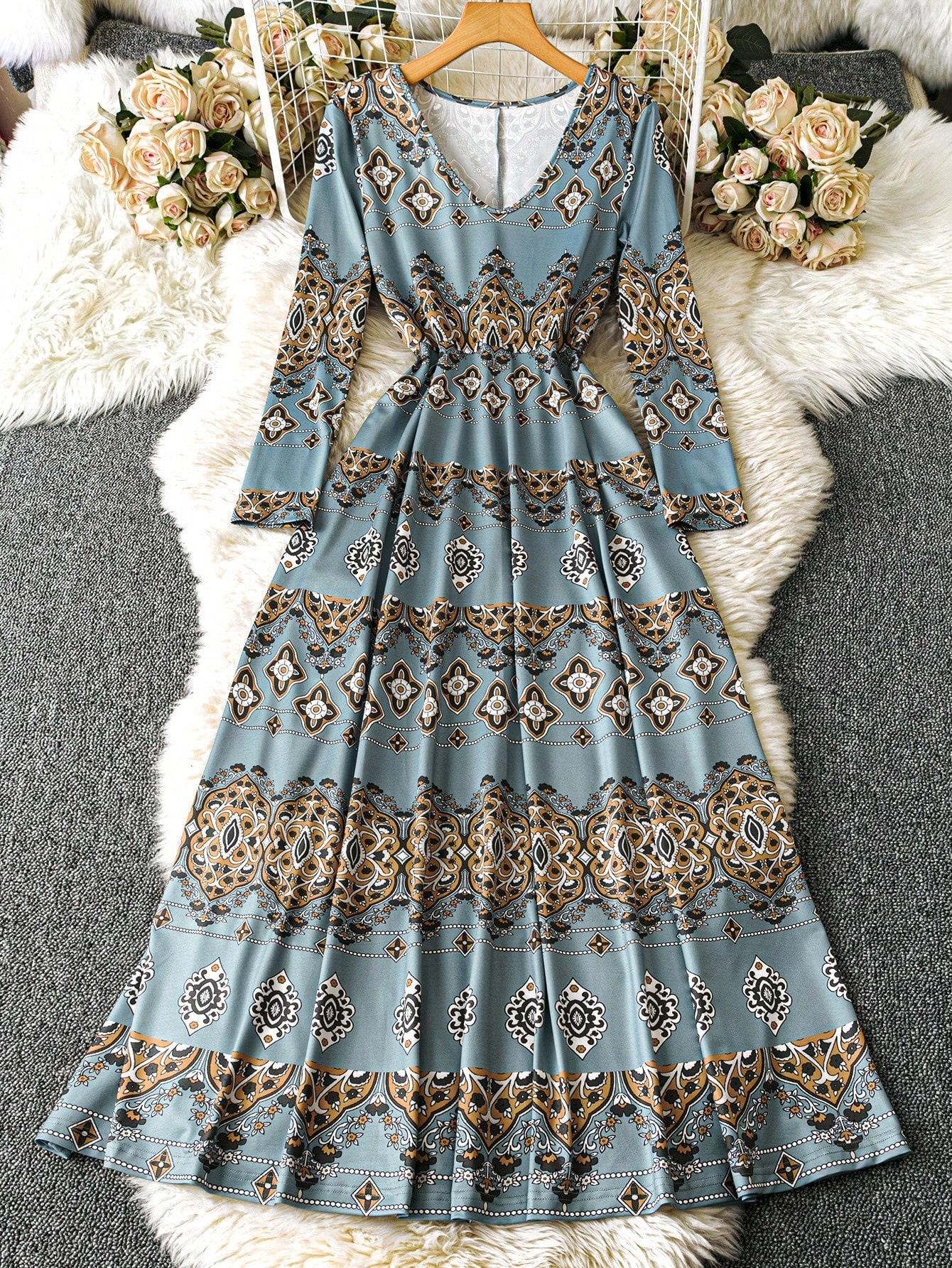 European V-Neck Waist-Cinching Printed Dress with Wide Hem - Spring/Autumn Fashion Small цветочный/зелёный