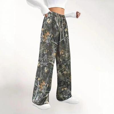 Women's New Spring Fashion Casual Drawstring Waist Camouflage Print Wide Leg Loose Loose Straight Trousers