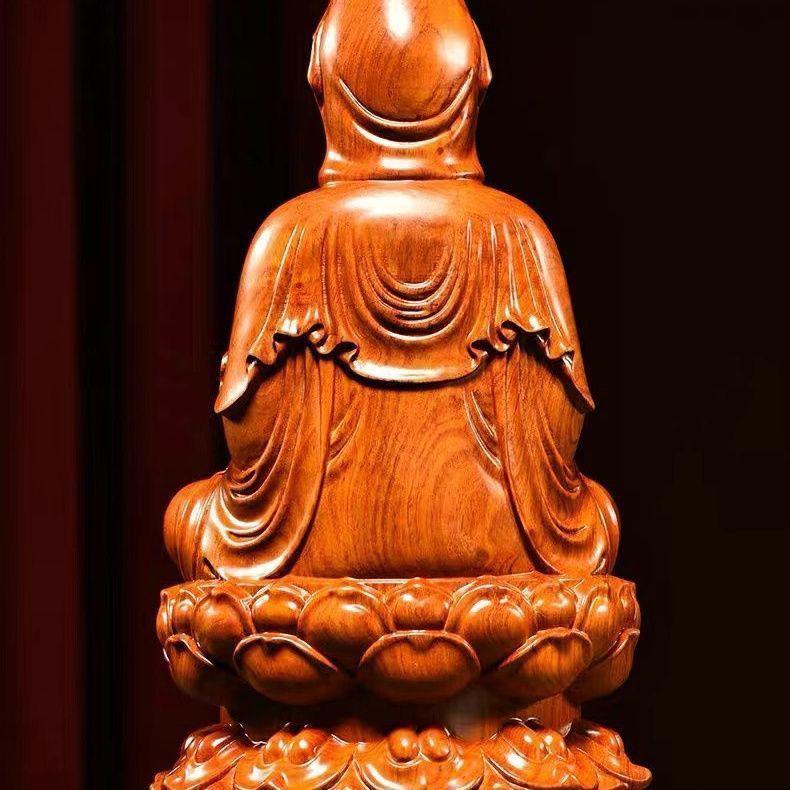 Rosewood Lotus Seated Guan Yin Bodhisattva Statue - Solid Wood Carving Handicraft for Home and Worship Decor