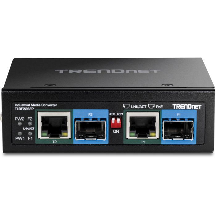 Convertisseur de Média Industriel - TRENDnet - TI-BF22SFP - SFP vers PoE++ - 2 Ports Gigabit - Noir