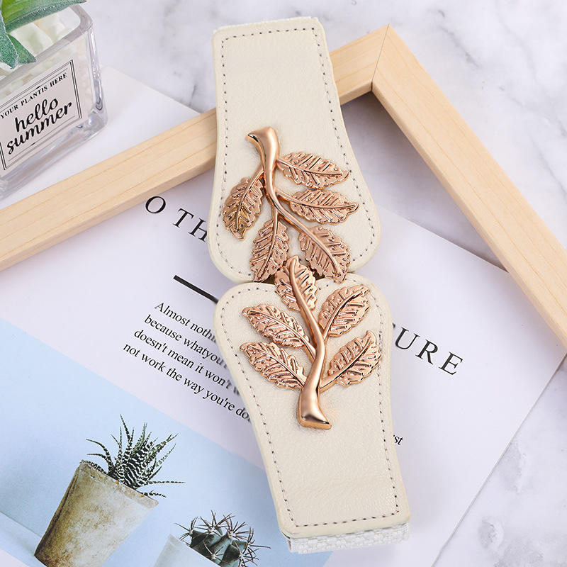Women's Waist Belts Retro Waistband Golden Leaf Elastic Waist Closure with Double Hook Buckle Wide Belt Fashion Elegant Women Belt for Skirt