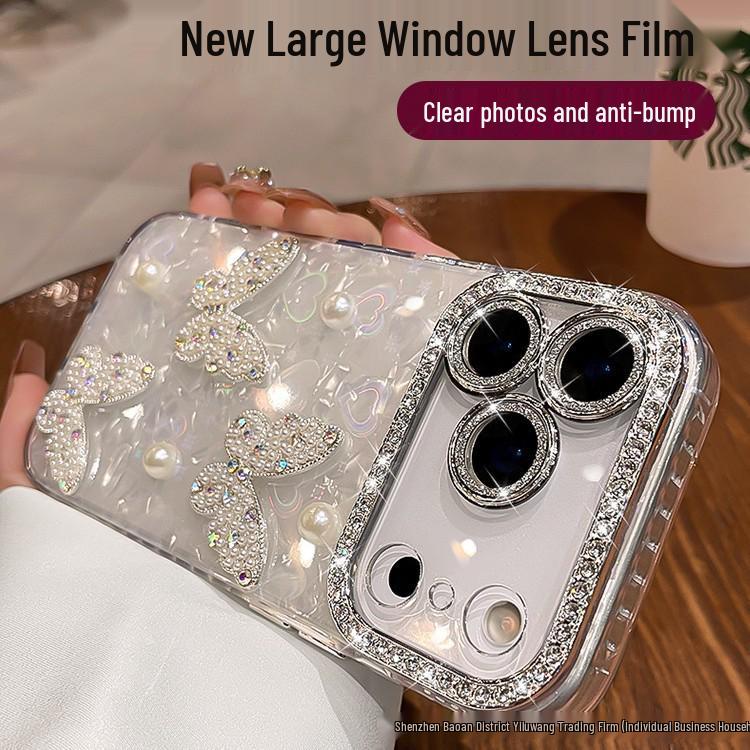 iPhone 17 Pro Max Pearl Butterfly Rhinestone Phone Case with Full Lens Coverage