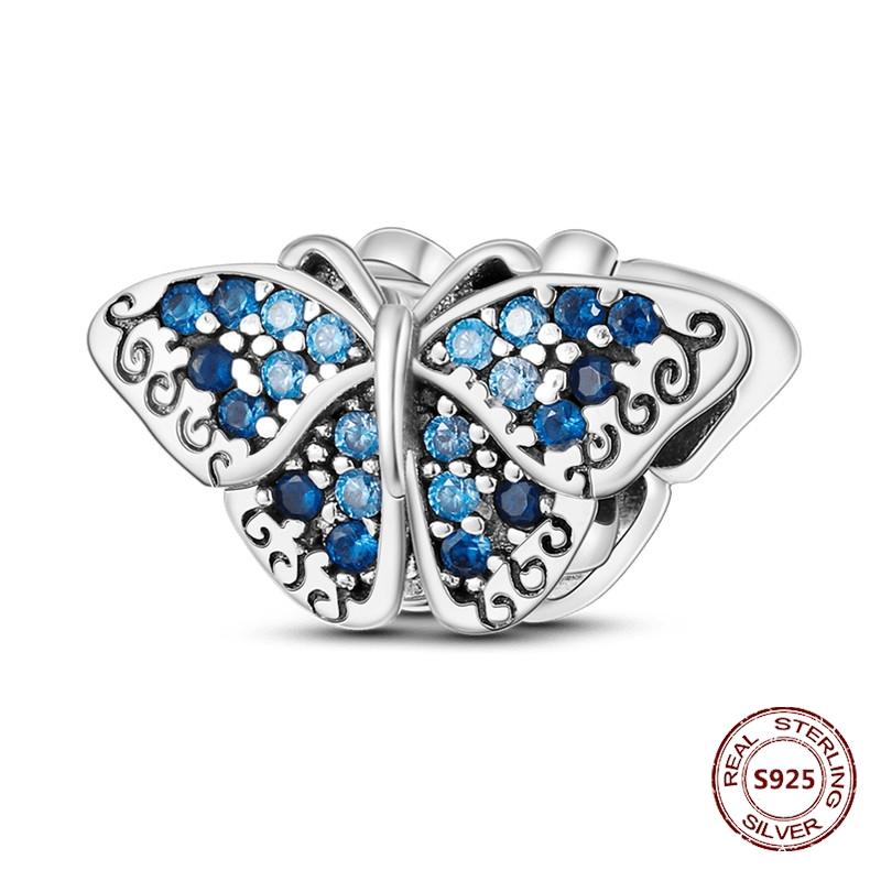 Butterfly Charm copper Authentic Pink Blue Zircon Fly Butterflies Safety Chain Clip Charm Bead Charms Compatible With Bracelets Do It Yourself Jewelle