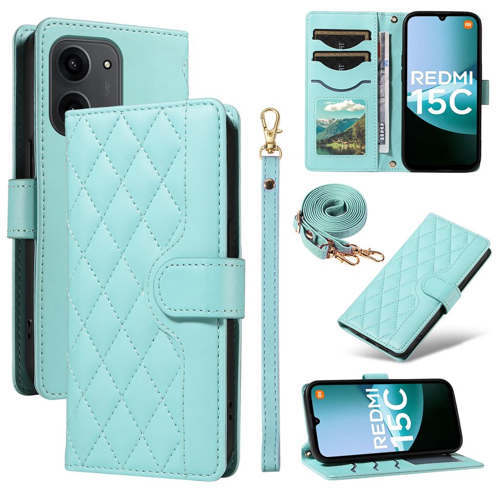 For Xiaomi Redmi 15C 4G (173mm) Wallet Case Rhombus Leather Phone Cover with Strap
