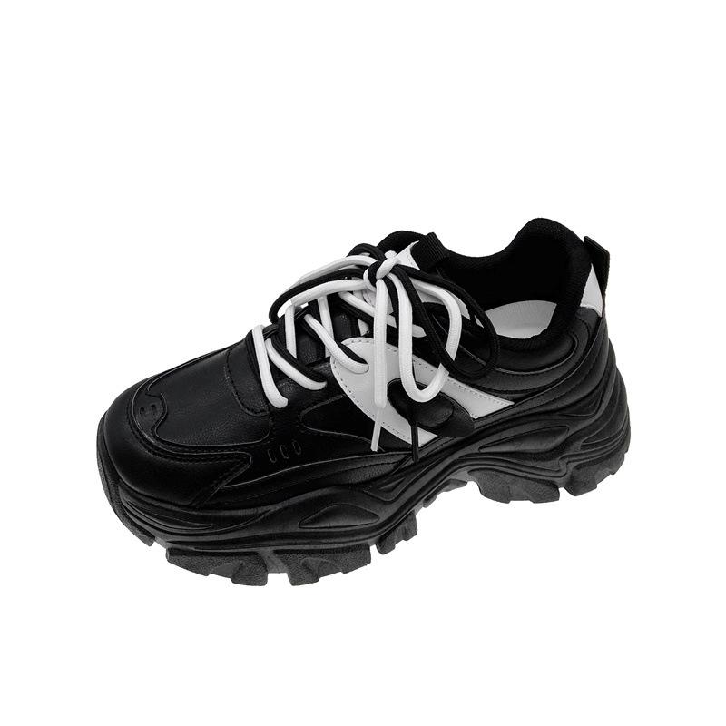 Daddy Shoes Women's  Autumn New Leather Double Lace Casual Sports Shoes with Thick Bottom and Heightened All-match Round Toe