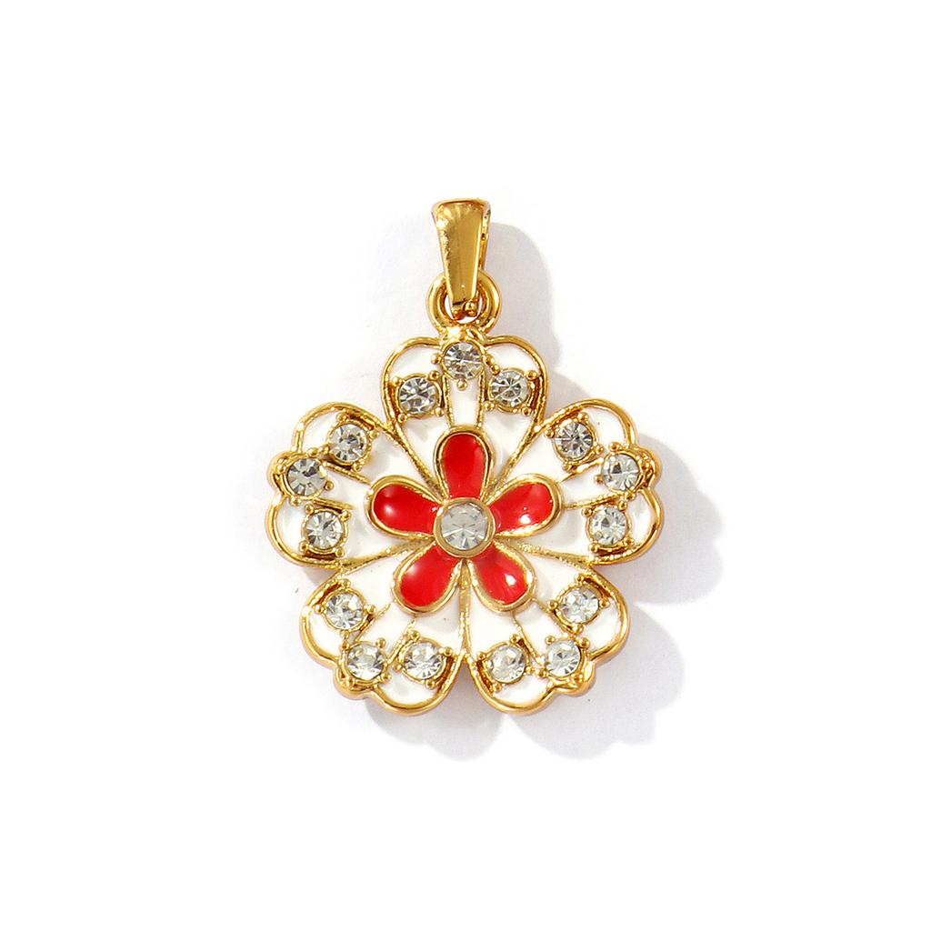 2 PCs Waterproof 304 Stainless Steel & Rhinestone Flora Charms 18K Gold Plated Enamel Flower Pendants For DIY Necklace Making