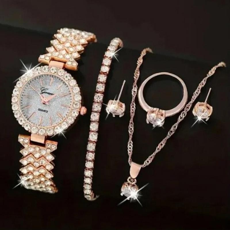 Set Lanț Auriu Roz 5/6 Piese Accesorii la Modă Exquisite Temperament Brățări Coliere Inele Cercei Potrivit Petrecerilor