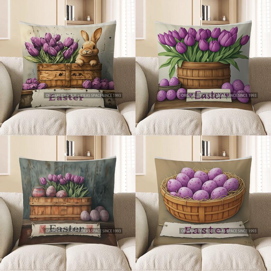 Heimdeko Osterhase mit Tulpen Dekorative Kissenbezug Muster Kissenbezug Geeignet für Sofa Schlafzimmer Auto Kissenbezug