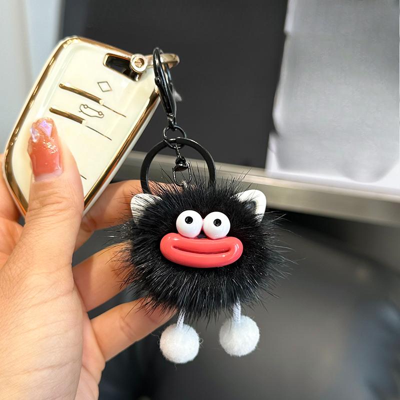 Cute mink hair big mouth small briquettes car keychain pendant Korean plush doll bag pendant gift