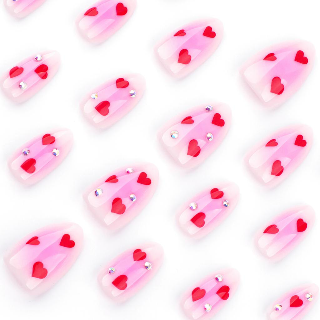 24 Pieces Valentine's Day Love Wear Nail Blush Smudge Nail Art Fake Nail Short Almond Flash Diamond Wear Nail Piece