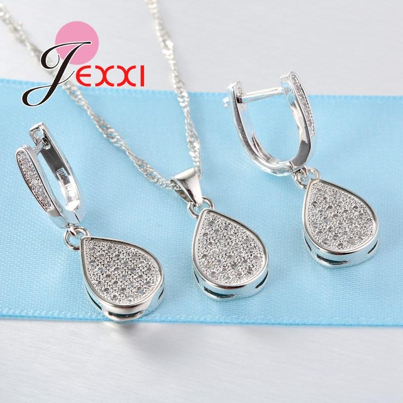 Luxury Waterdrop 925 Sterling Silver Color Cubic Zircon Crystal Pendant Necklaces Earrings Women Wedding Jewellery Set
