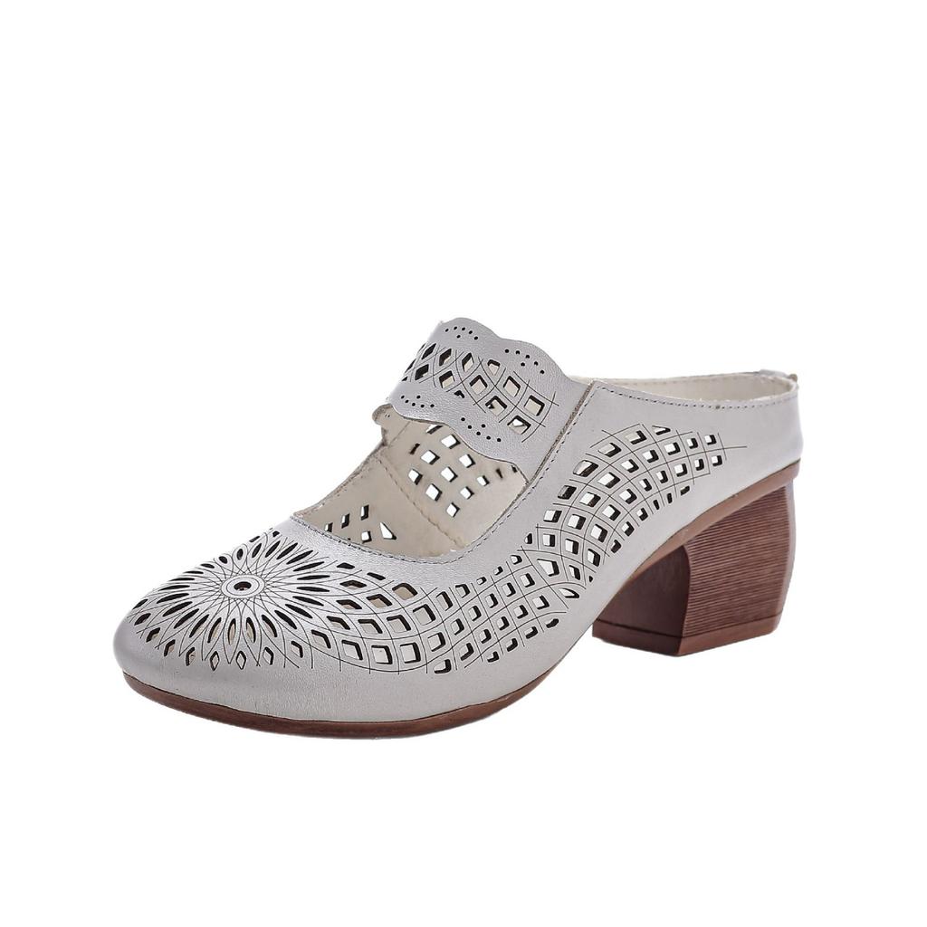 New Summer Retro Handmade Hollow Hole Shoes Mid-heel Casual Women's Slippers Mid-mother Soft Sole Shoes