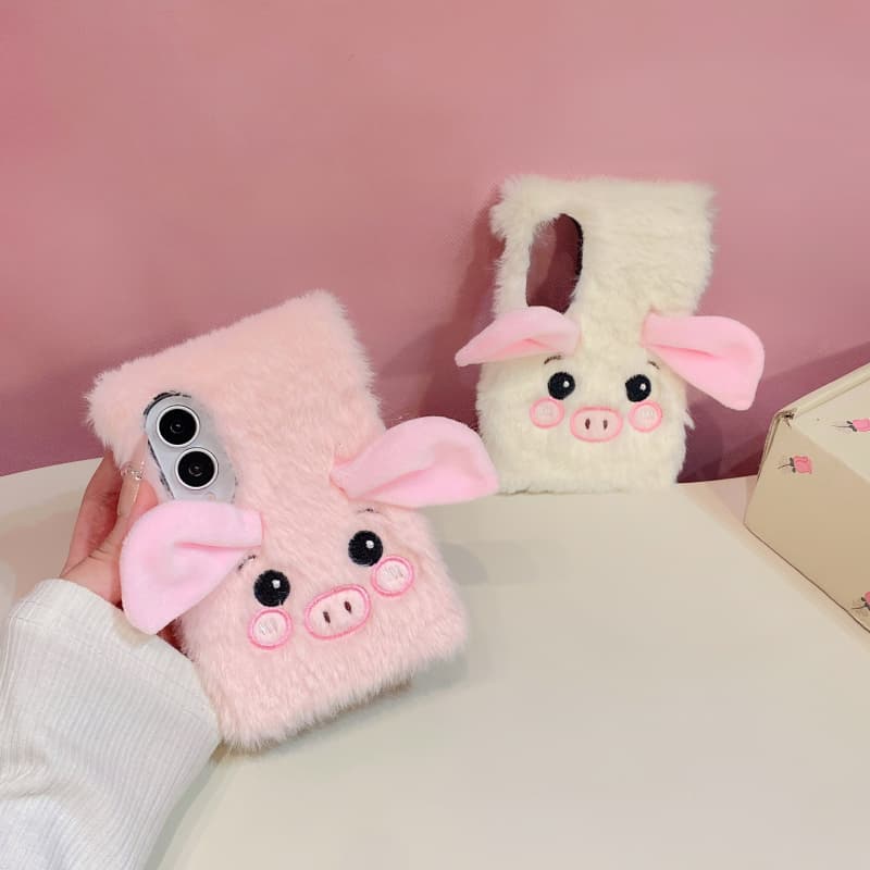 Kawaii Cartoon Plush Pig Phone Case For Samsung Z Fold 8 Ultra 7 6 5 4 ZFold8 Fold7 Fold6 Cover with Chain Fur Fluffy Cute Cases