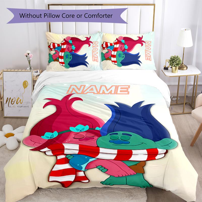 3pcs Custom Name Trolls Bedding Set Duvet Cover Closure Includes 1 Duvet Cover & 2 Pillowcases for All Seasons Bedroom Decor