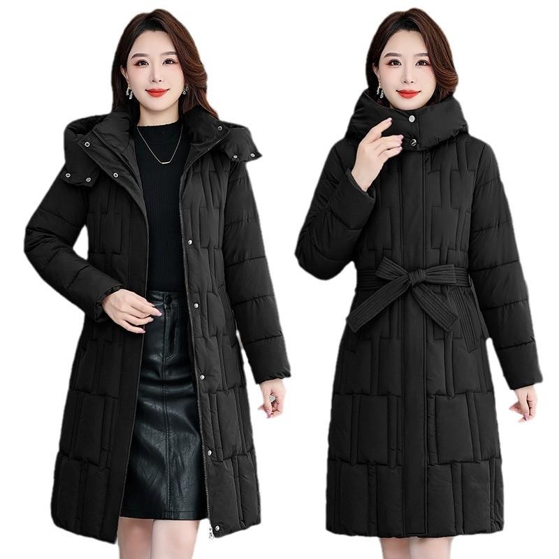 Down cotton jacket women's 2025 winter new Korean cotton jacket waist-cinched mid-length thickened slimming hooded jacket