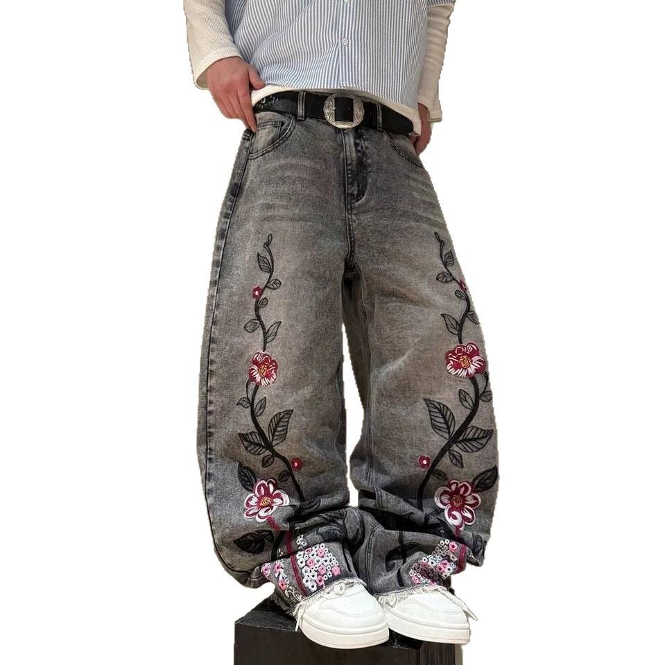 European and American Street Gothic Embroidered Jeans K Men's and Women's Retro Fashion Straight Denim Trousers