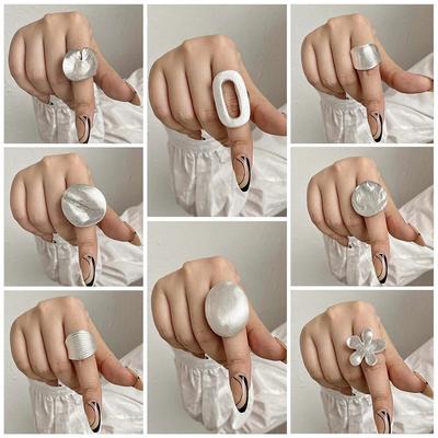 ALLYES Minimalist Geometric Chunky Silver Color Rings for Women Men Trend Matte Adjustable Elastic Rope Finger Ring Jewelry Gift