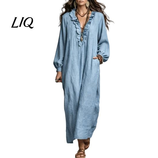 Lady Casual Dress Women Ruffle V Neck Long Dress, Loose Fit Midi Dresses Solid Color Sleeves for Spring Autumn