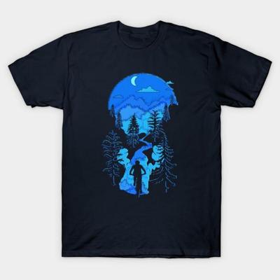 Men Black Print T-shirt Bike Mountain Biking Moon Bliss Trail Rider Silhouette Blues No-Cut Transfer Paper Print Cotton Tshirt