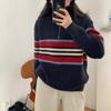 Autumn and winter new retro striped knitted jumper women's half zipper contrasting color loose casual college style sweater