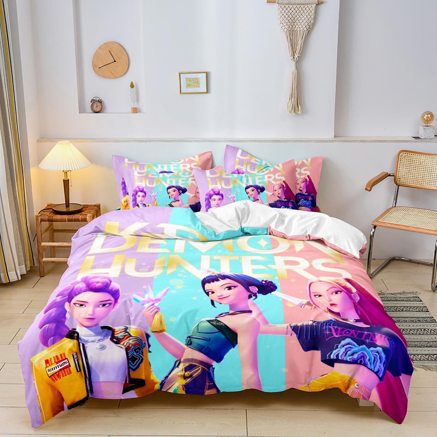 

3 шт. Постільна білизна з принтом K-Pop Мисливці на демонів, Включає 1 підковдру та 2 наволочки, Підходить для спалень, готелів, подарунків для фанатів EU Single-135x200cm&set