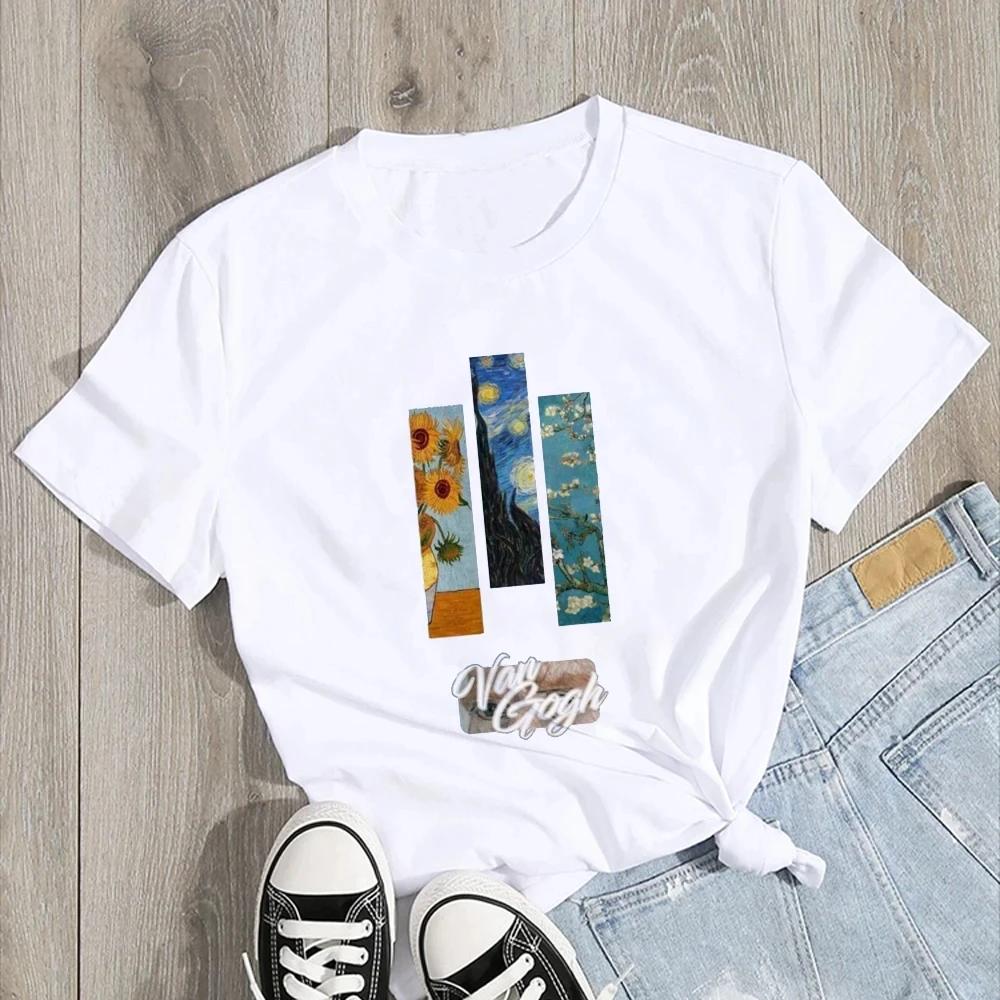 Van Gogh Gwieździsta Noc Kot w Druku Odzież Damska T-shirt Estetyczny Wzór Bawełna Krótki Rękaw Poliester Damski T-shirt