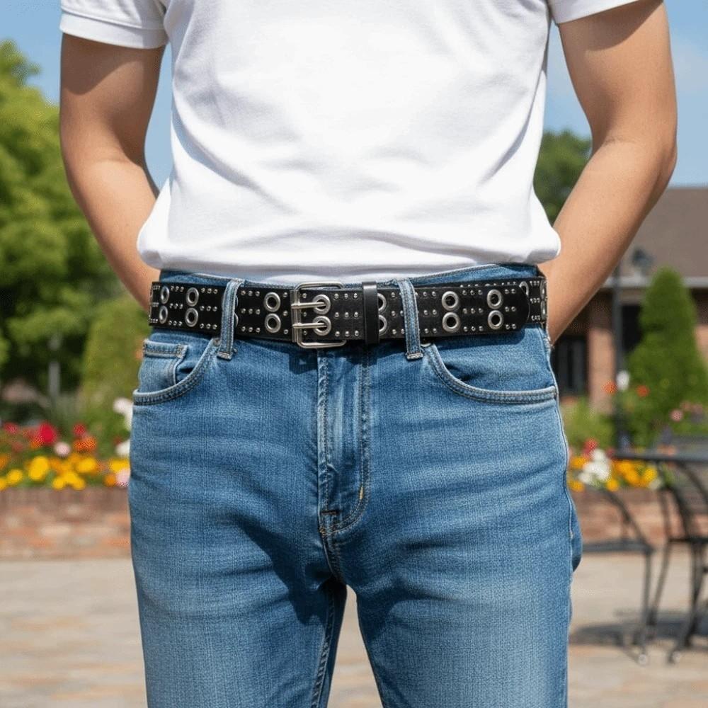 Double Row Needle Buckle Hollow Rivet Belt Adjustable Black Leather Waistbands  Women