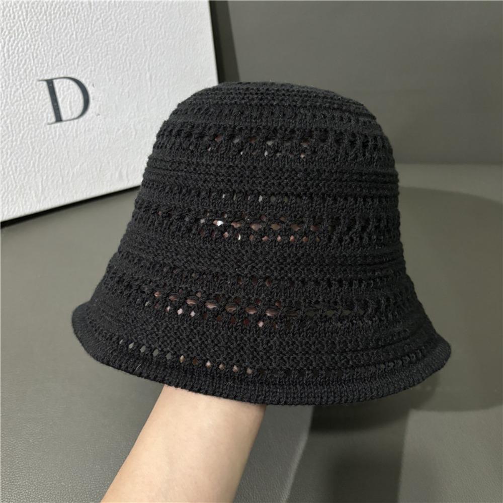 Casual Knitted Fisherman Hat Foldable Sun Protection Sun Hat Wide Brim Solid Color Hollow Beach Cap Sun Hat