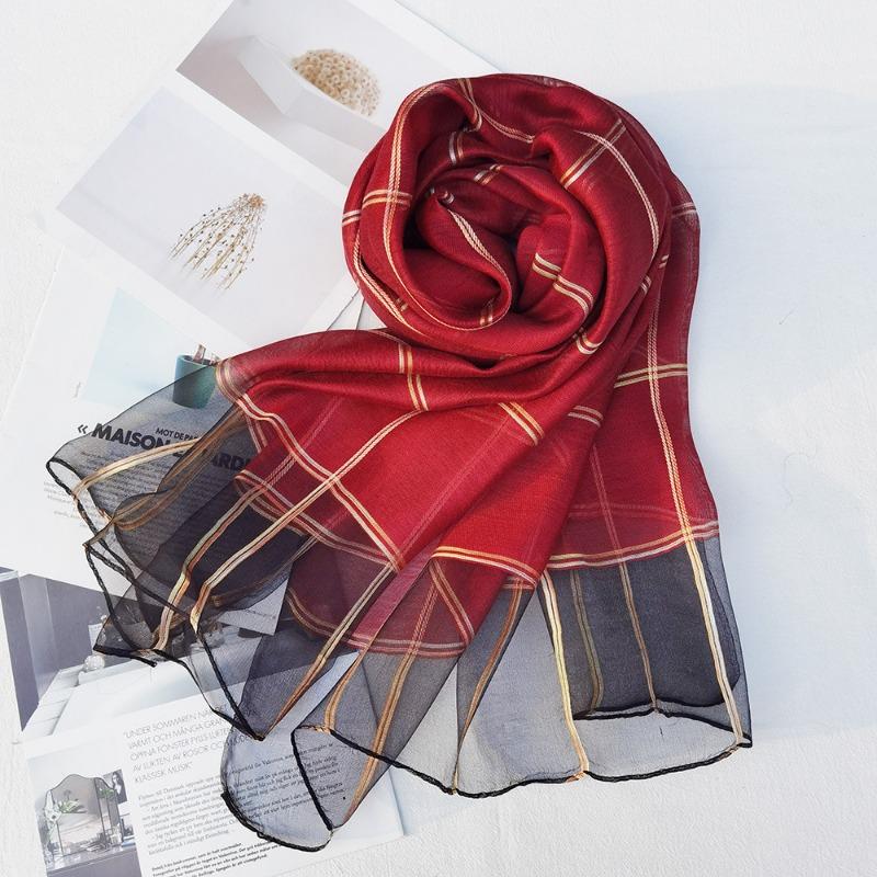 New Checkered Silk Scarf for Women, Solid Color Sunscreen Shawl Gold Thread Mulberry Silk Scarf for Women