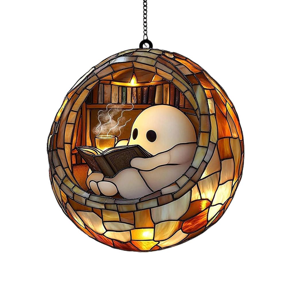 Acrylic Halloween Ghost in Bathtub Window Hanging Ornament Cute Ghost Reading Book Decor Home Bedroom Living Room Decorations