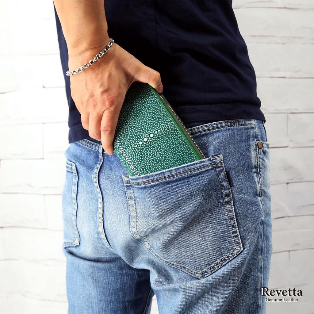 [Revetta] Stingray Leather Long Wallet, Round Zipper, 9 Colors Available, Stingray, Galuchat, Green, Genuine Leather, Large Capacity [129-9stw]