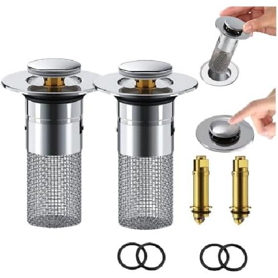 Oxinome Popup Drain for Bathroom Sink,Kouglh Drains Plug Filter,Timnamy Universal Stainless Steel Strainer for Bathroom Sink Kitchen Shower (2pcs)