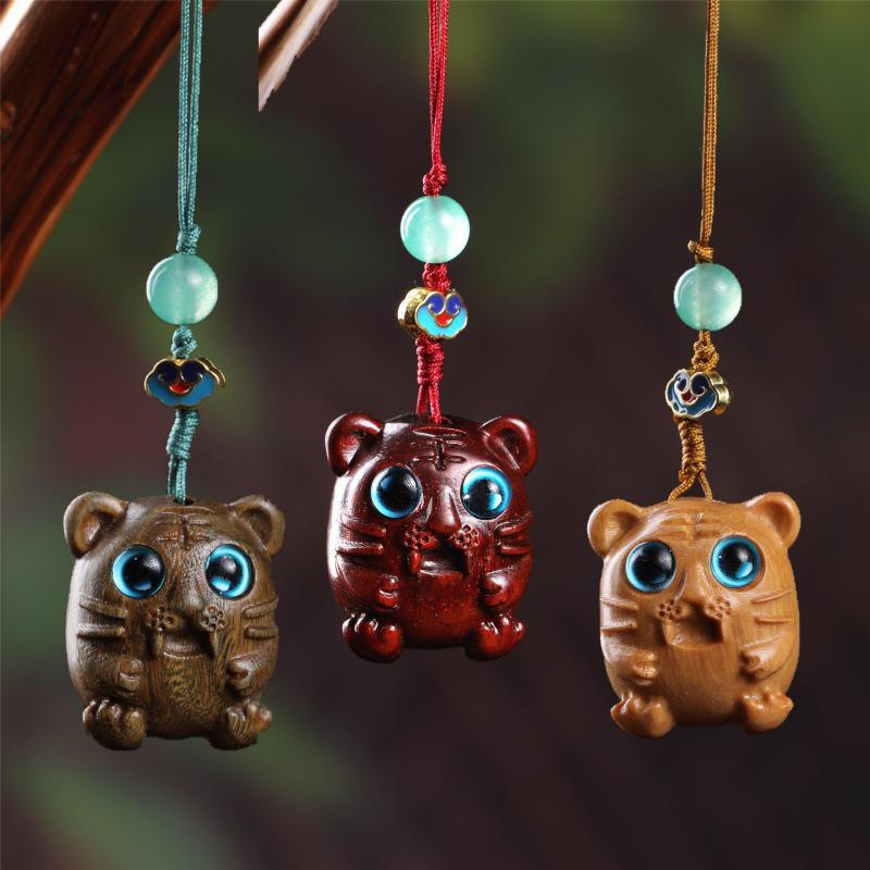 Red and Green Sandalwood Tiger Pendant Phone Charm - First Birthday Gift
