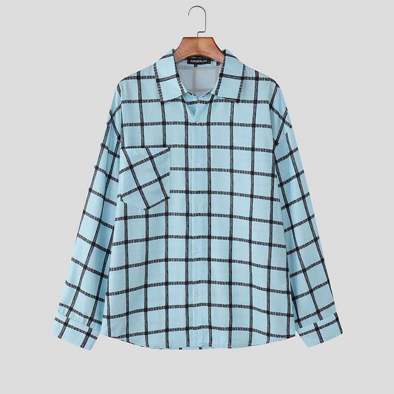 

INCERUN Oversized Men Turn-down Collar Long Sleeve Plaid Casual Loose Shirts L синій