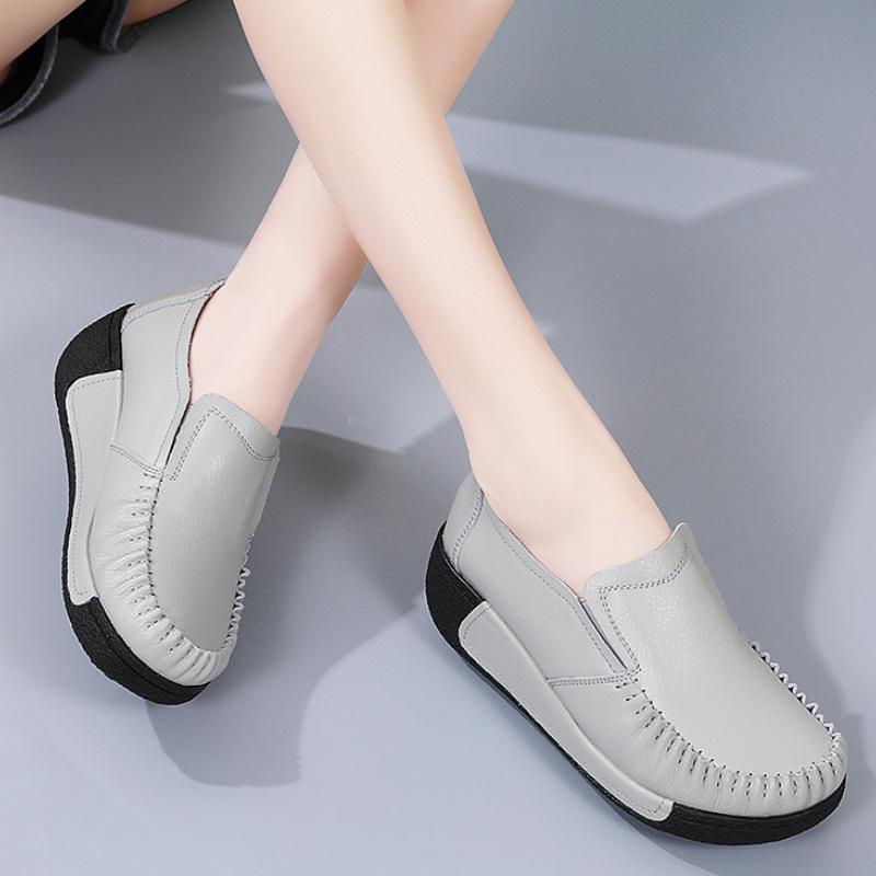 Genuine Leather Women Working Shoes Fashion Wedge Heels Platform Shoes Non-slip Loafers Casual Walking Shoes