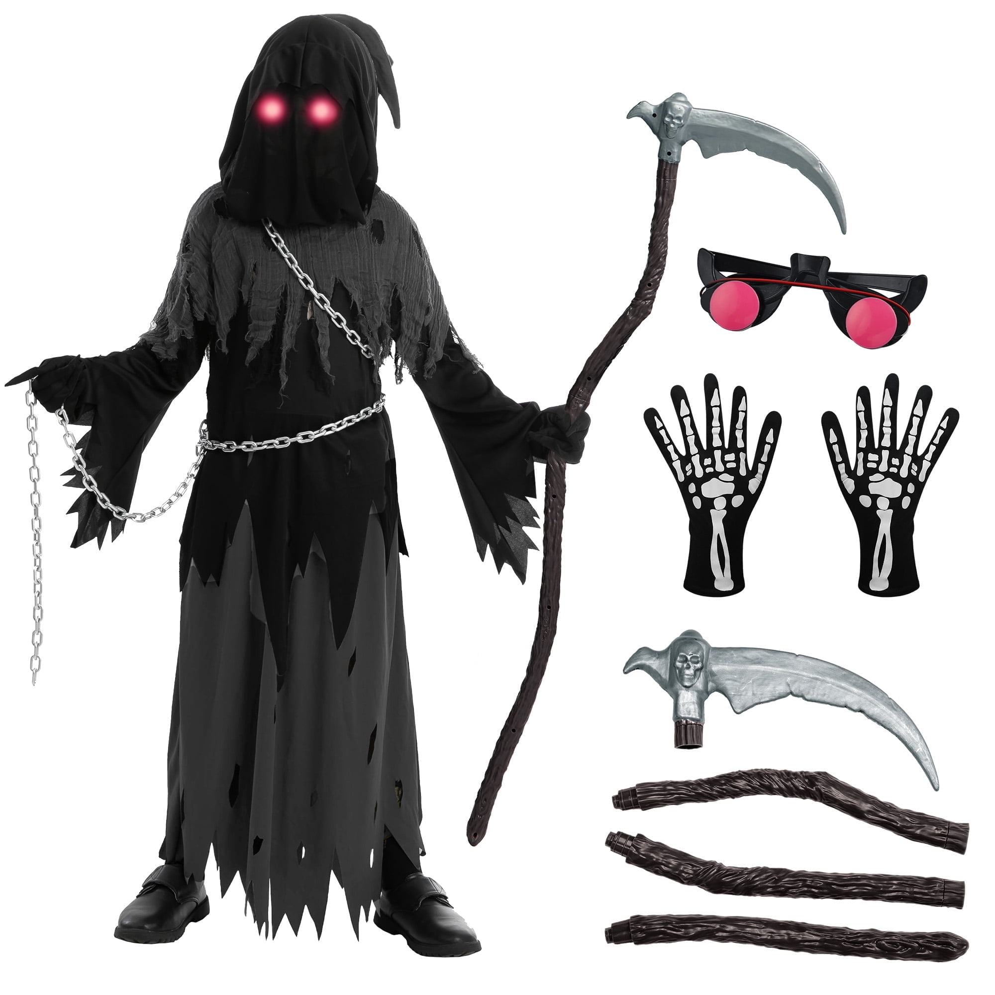 Monika Chen Women's Joyfy Child Glowing Eyes Grim Reaper Costume Phantom Kids Halloween Fancy Dress Up 5-12 Years For Kid Friendly Entertaining Fun Play Safe Cm