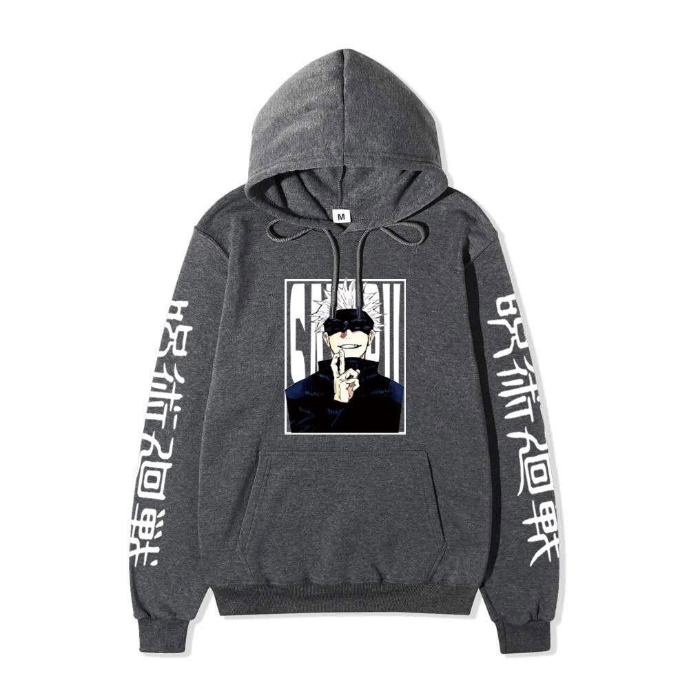 Jujutsu Kaisen Satoru Gojo Unisex Fleece Hoodie Autumn Winter Anime Character Japanese Kanji Sleeve Print Long Sleeve Pullover Sweatshirt